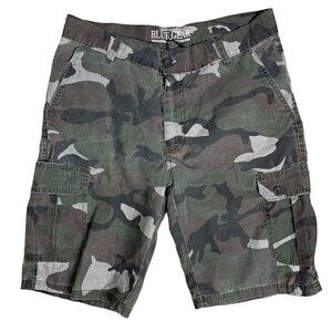 Blue Gear Flat Front Cargo Shorts 32 Green Camouflage Pockets Buttons Zipper